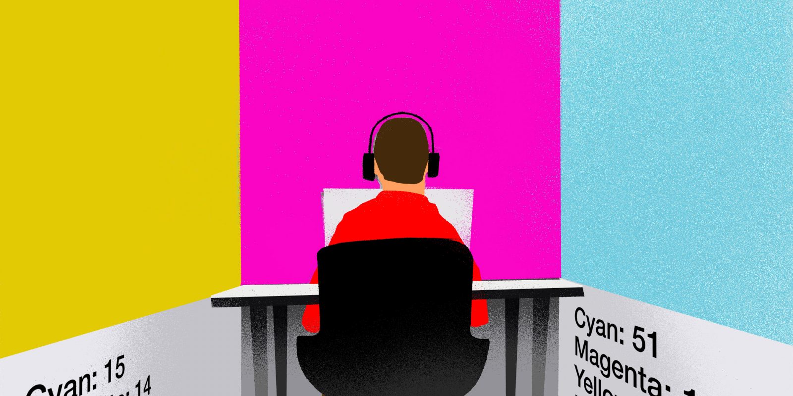 An illustration of a person sitting at a desk with headphones on. Pantone color blocks over the walls around them.