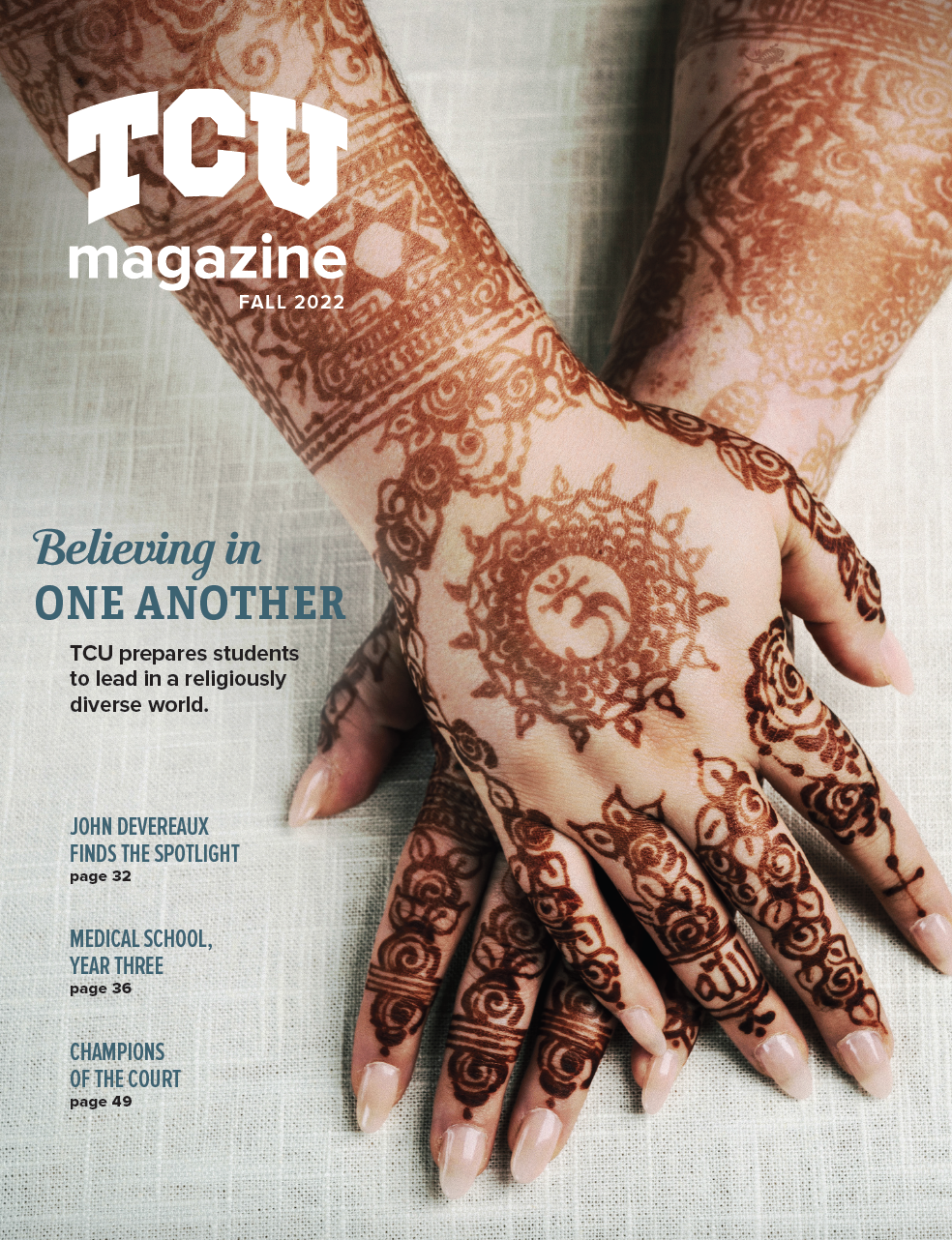 Fall 2022 TCU Magazine cover features custom henna artwork on a pair of hands