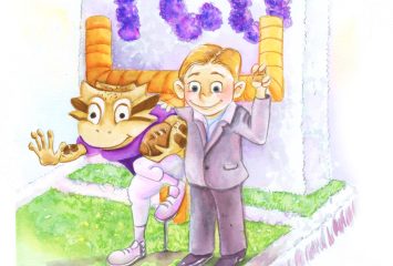 An illustration of a TCU homecoming parade float with large purple TCU letters, SuperFrog in a Heisman pose, and a young boy.