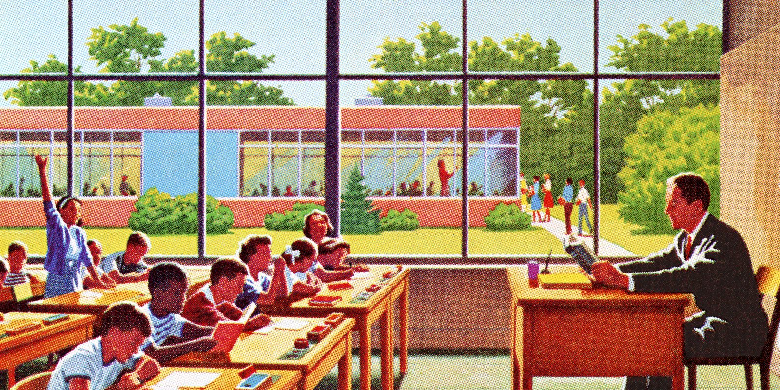An illustration of a classroom. The teacher is sitting at the head of the room behind a desk and children in their own desks are raising their hands.