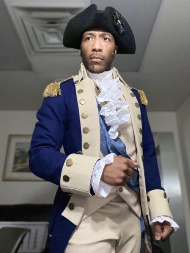 John Devereaux '12 plays different roles in different performances during the hit Broadway musical Hamilton's national tour. He appears here in costume as George Washington. Photo courtesy of John Devereaux