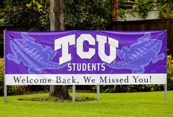 A decorative purple banner aimed at returning TCU students reads "Welcome back, we missed you!"