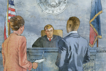 Illustrated courtroom scene