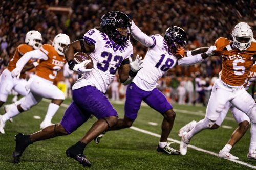 TCU running back Kendre Miller (33) was pivotal in the Frogs' November victory at Texas. Asked after the game if he was the best back in the Big 12 conference, Miller answered an emphatic "yes." Courtesy of TCU Athletics
