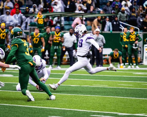 TCU kicker Griffin Kell (39) preserved the Frogs' undefeated season with a walk-off field goal at Baylor in Waco, Texas. The successful execution of the play was dubbed "the bazooka on the Brazos." Courtesy of TCU Athletics