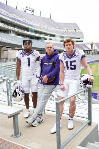 TCU Football players learned up in the 2022 national awards. Tre'Vius Hodges-Tomlinson (1) was the second Frog in three years to win the Jim Thorpe Award. Head coach Sonny Dykes won 10 national coach of the year awards. Quarterback Max Duggan (15) won the Davey O Brien National Quarterback Award, the Earl Campbell Tyler Rose Award and the Johnny Unitas Golden Arm Award. Photo by Carolyn Cruz