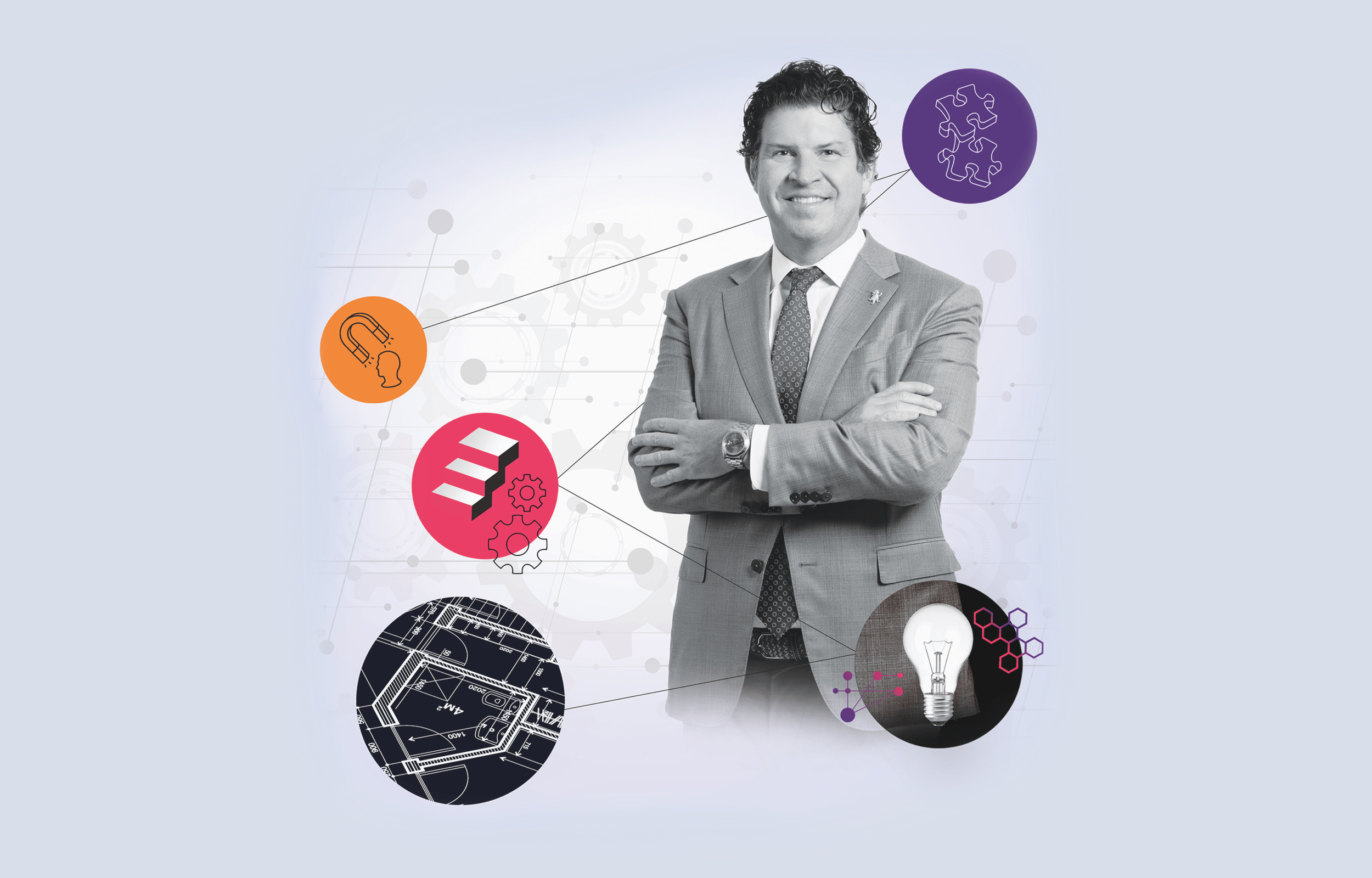 Photo illustration of TCU President Daniel W. Pullin standing against a gray background, surrounded by stenciled symbols of innovation, including a light bulb and puzzle pieces fitting together.