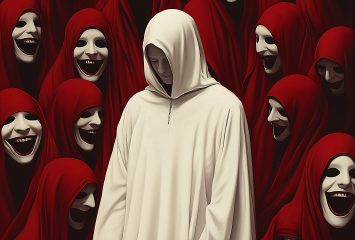 Image of a person in a white hooded robe, with their face turned down toward the ground. The person at the image's center is surrounded by approximately a dozen figures in matching red robes and white masks.