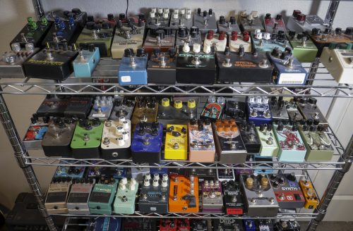 Feb. 27, 2024. Guitar effects pedals and synthesizers fill a rack in the home studio of Grammy winning guitarist and composer Mark Lettieri '05 in Fort Worth, Texas. (Photo by Ralph Lauer)