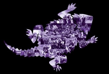 Image of a large purple TCU "University Frog" logo set against a black background. The "University Frog" logo is composed of a collage of different historical images capturing turning points in the history of TCU Athletics between 1994 and 2023.