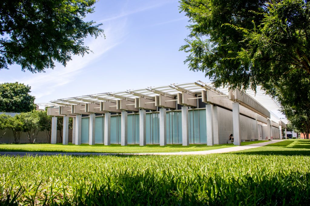 Photograph of the Kimbell Art Museum's Renzo Piano Pavilion. The building stands at the center of the frame, with a clear blue sky above it, a shadowed lawn in the foreground and trees filling the upper-left and upper-right corners.