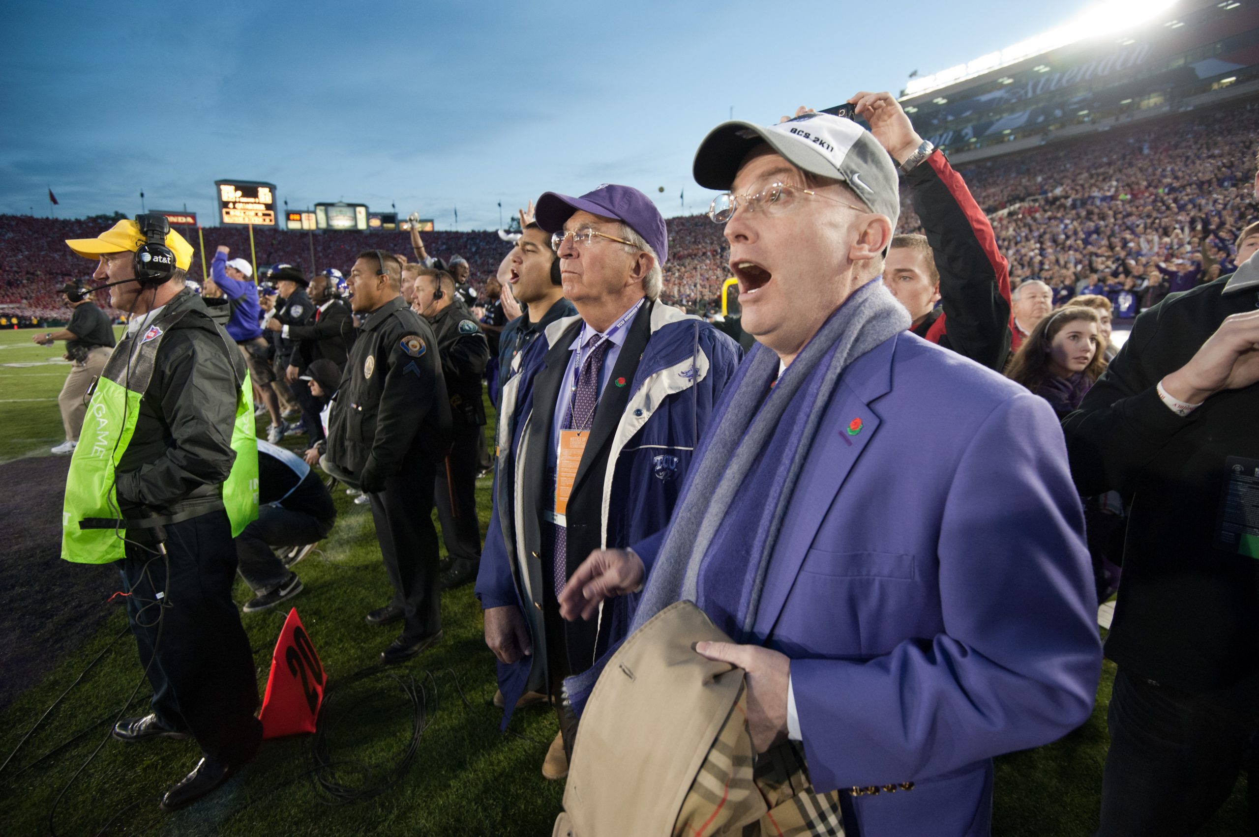 Photograph of Chancellor Victor J. Boschini, Jr., reacting from the sideline during TCU's 21-19 Rose Bowl win against Wisconsin on New Year's Day 2011.