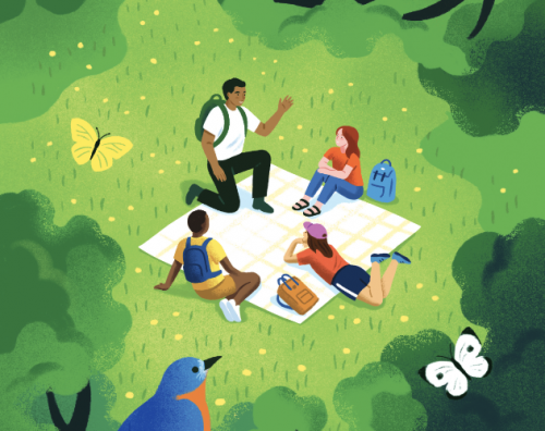 Illustration of four people seated or kneeling on a picnic blanket that's been placed at the center of a grassy field. Around the people float three butterflies — one yellow and black, one blue and black, and the third white and black. A blue bird looks down on the scene from a tree in the foreground. A orange-brown squirrel looks on from the top-right corner of the image.