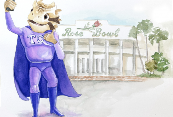 A sketch of SuperFrog, dressed in what appears to be a purple TCU superhero suit and cape, taking a selfie in front of the Rose Bowl.