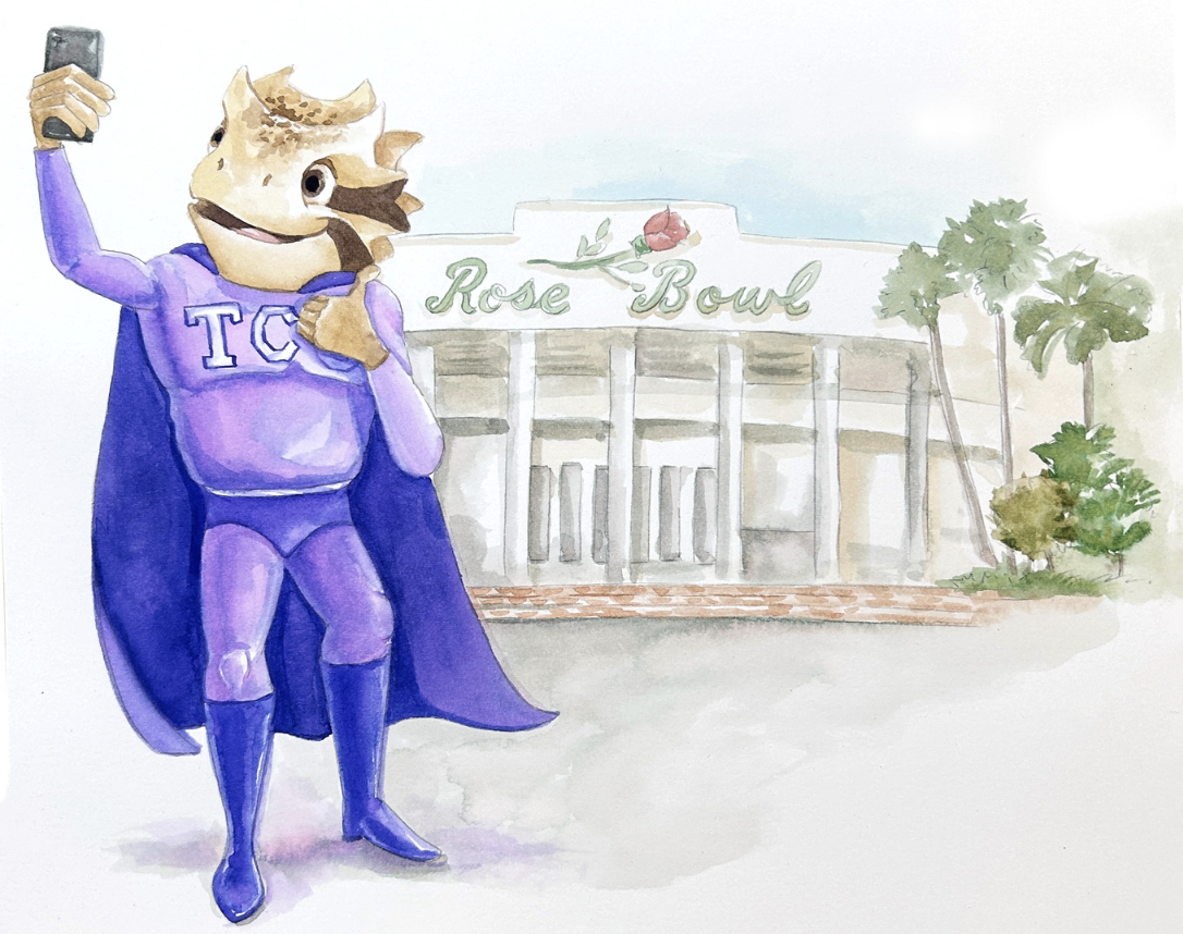 A sketch of SuperFrog, dressed in what appears to be a purple TCU superhero suit and cape, taking a selfie in front of the Rose Bowl.