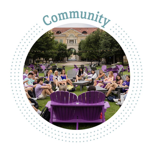 Photograph of two purple Adirondack chairs facing a group of roughly a dozen students seated on the Campus Commons.