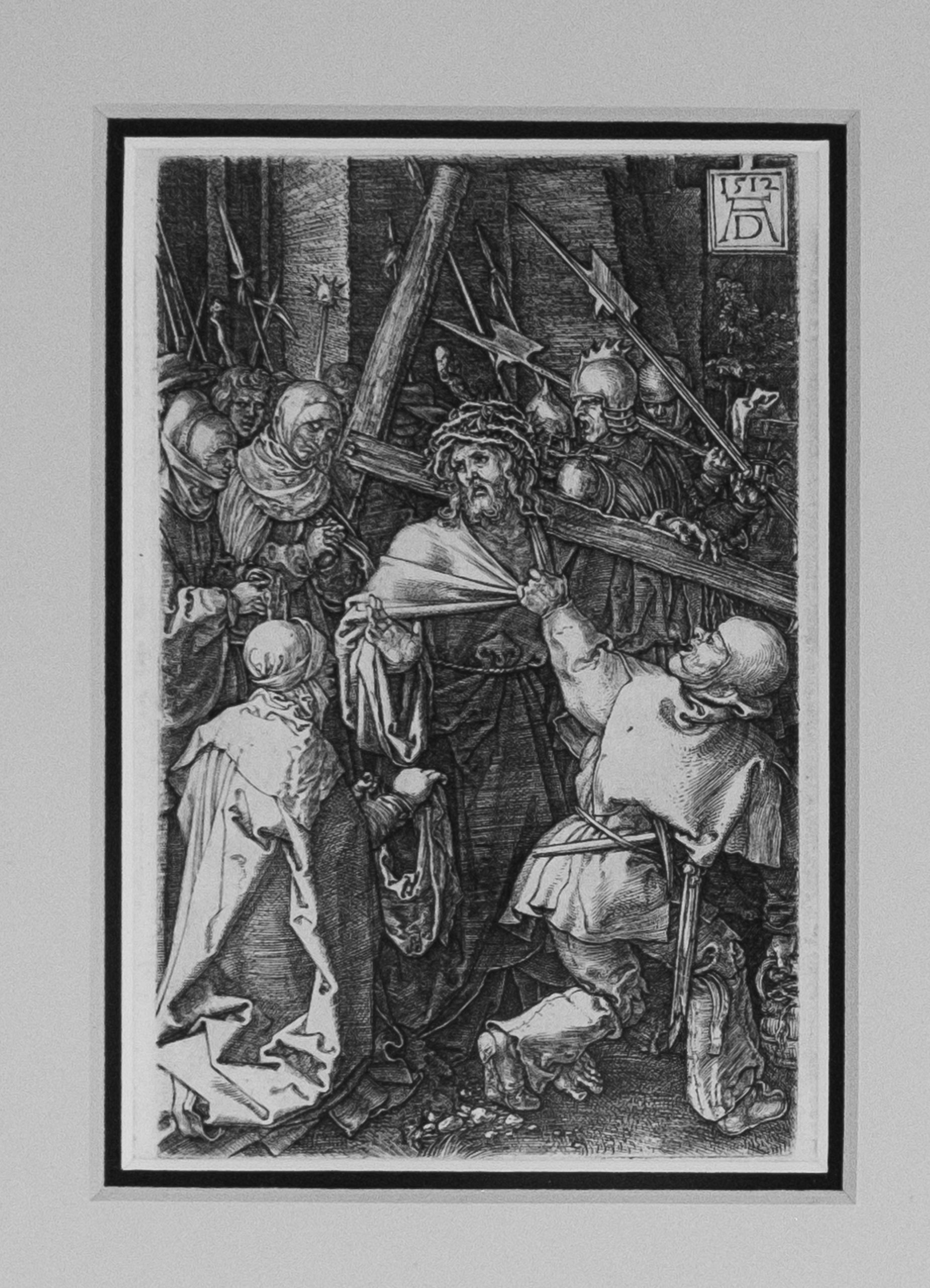 Image of Albrecht Dürer's 16th-century engraving depicting Christ carrying a cross. Christ is at the center of the image and surrounded by several people, many of whom carry weapons.