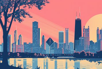 AI-generated image of the Chicago skyline at evening, with a sky in shades of pink and yellow, and buildings and trees in varying blues with pink highlights.