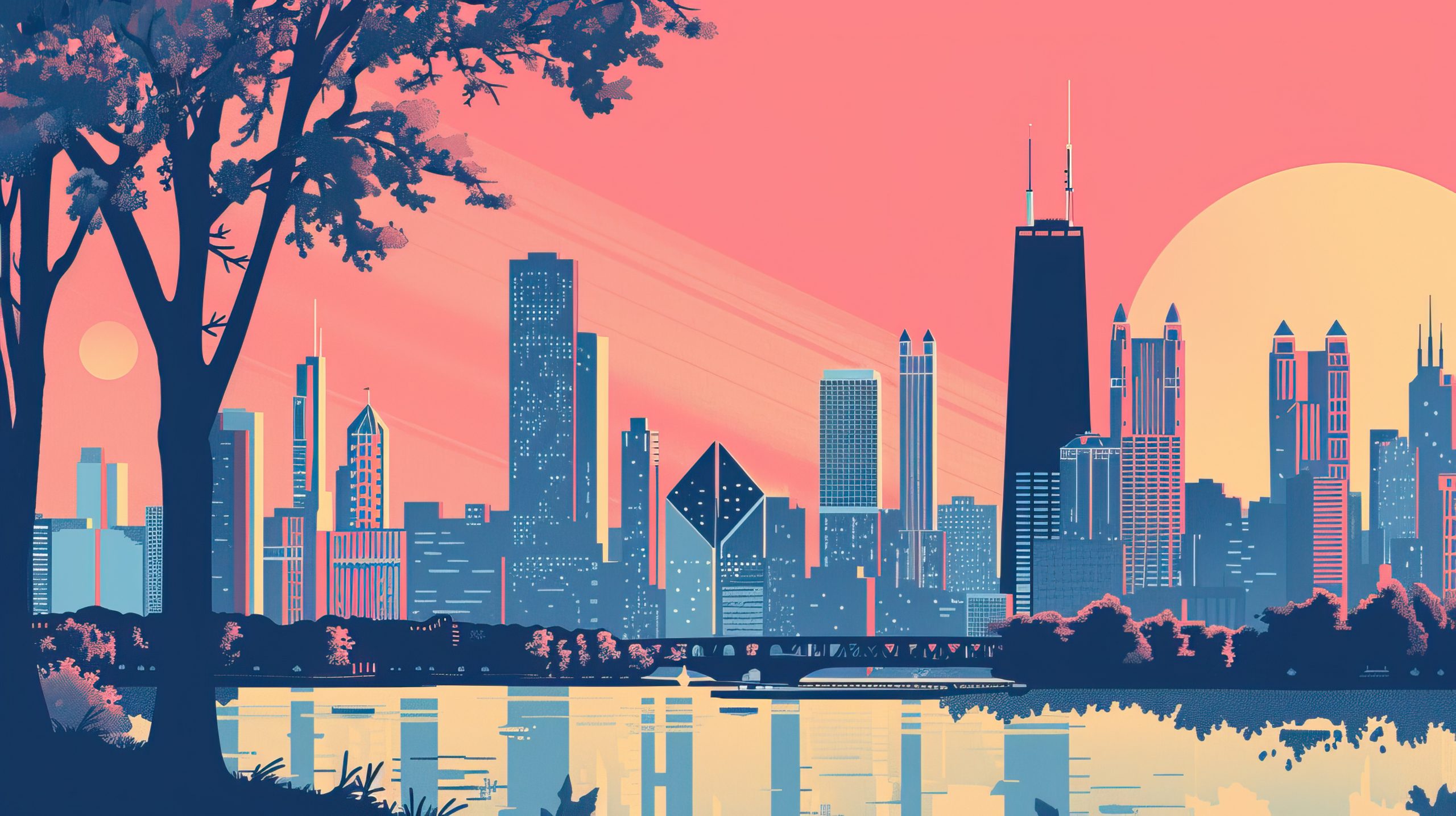 AI-generated image of the Chicago skyline at evening, with a sky in shades of pink and yellow, and buildings and trees in varying blues with pink highlights.