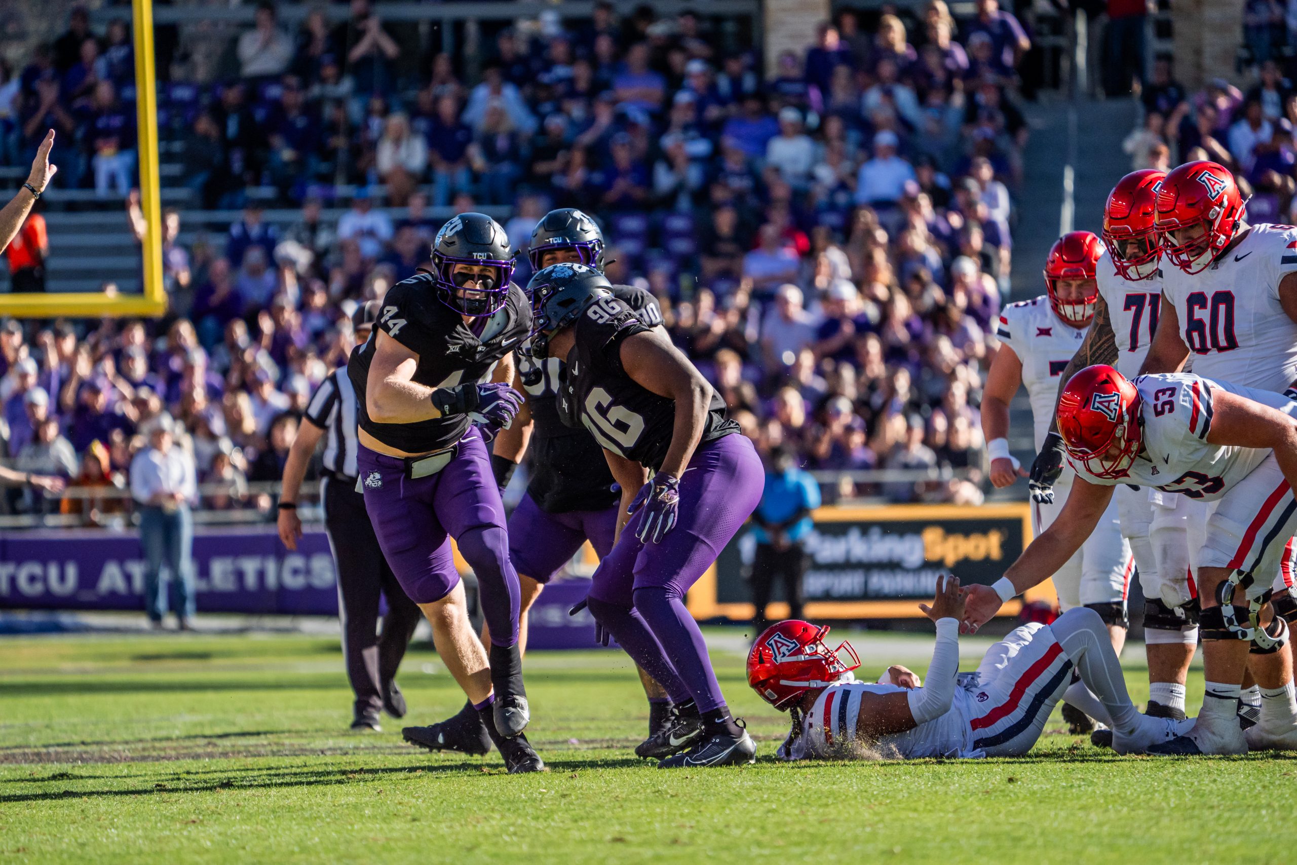 Photograph of TCU football player Cooper McDonald celebrating a play during an NCAA football game against the University of Arizona on Nov. 23, 2024, at Amon G. Carter Stadium in Fort Worth, Texas.