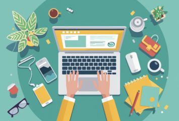 Stock image of hands typing on a laptop keyboard, with glasses, a coffee cup and a notebook on a teal desk surface