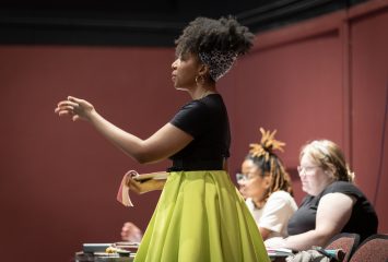 Theatre Professor and Playwright Ayvaunn Penn directs a 2024 rehearsal of her play, "For Bo: A Play Inspired by the Murder of Botham Jean by Officer Amber Guyger."