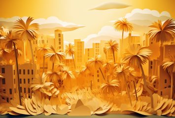 Abstract summer-themed depiction of the Orange County skyline, designed with layered paper-like elements.