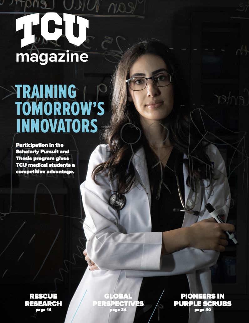 Photograph of TCU Magazine's Spring 2025 issue, with Burnett School of Medicine student Lucy Eletel featured.