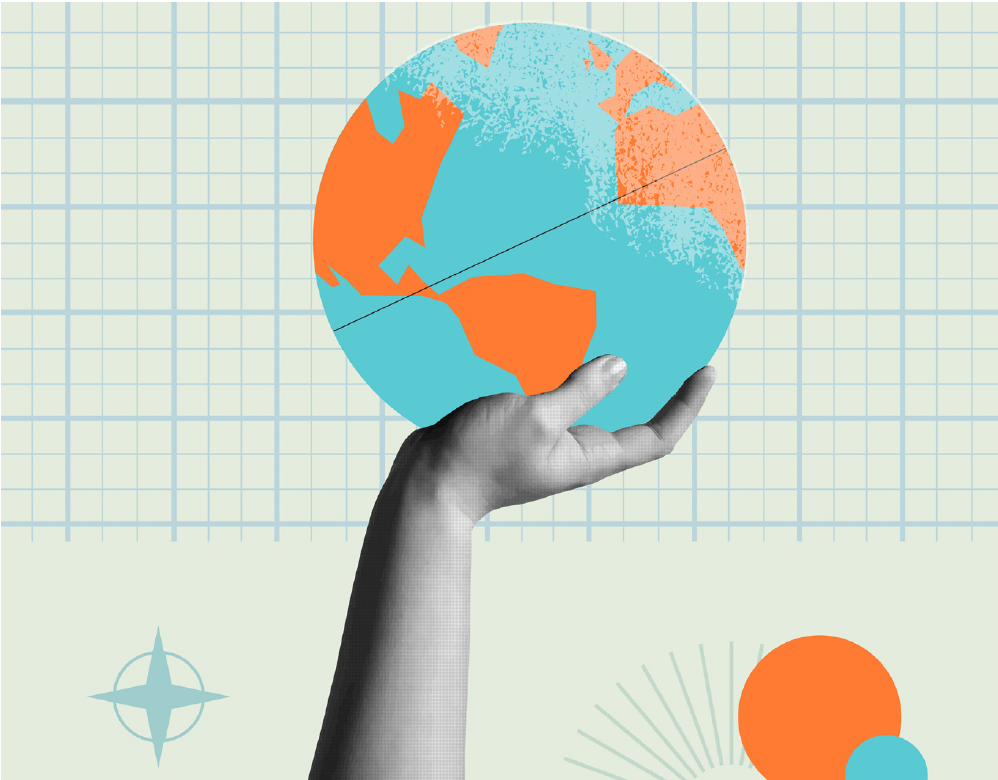 Black and white hand holding a light blue and orange globe against a greenish-gray, gridded background.