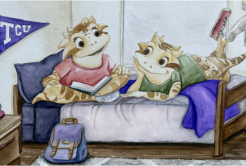 Illustration of two horned lizards, the Horned Frogs mascot, sitting on a dorm room bed. One lizard has a book on its lap. A TCU pin is attached to the wall behind them.