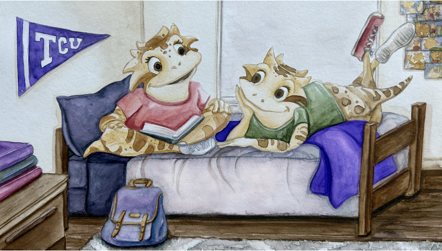 Illustration of two horned lizards, the Horned Frogs mascot, sitting on a dorm room bed. One lizard has a book on its lap. A TCU pin is attached to the wall behind them.