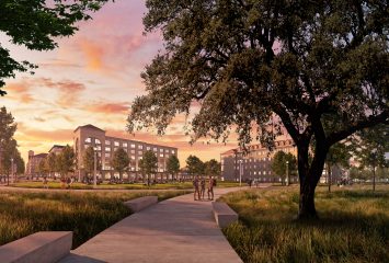 Illustration from a ground-level view of a sprawling, park-like space with sidewalks and distant buildings in the background.