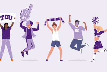 Five cartoon figures, all appearing to be TCU fans, jump or pose while wearing various purple outfits and displaying TCU gear.