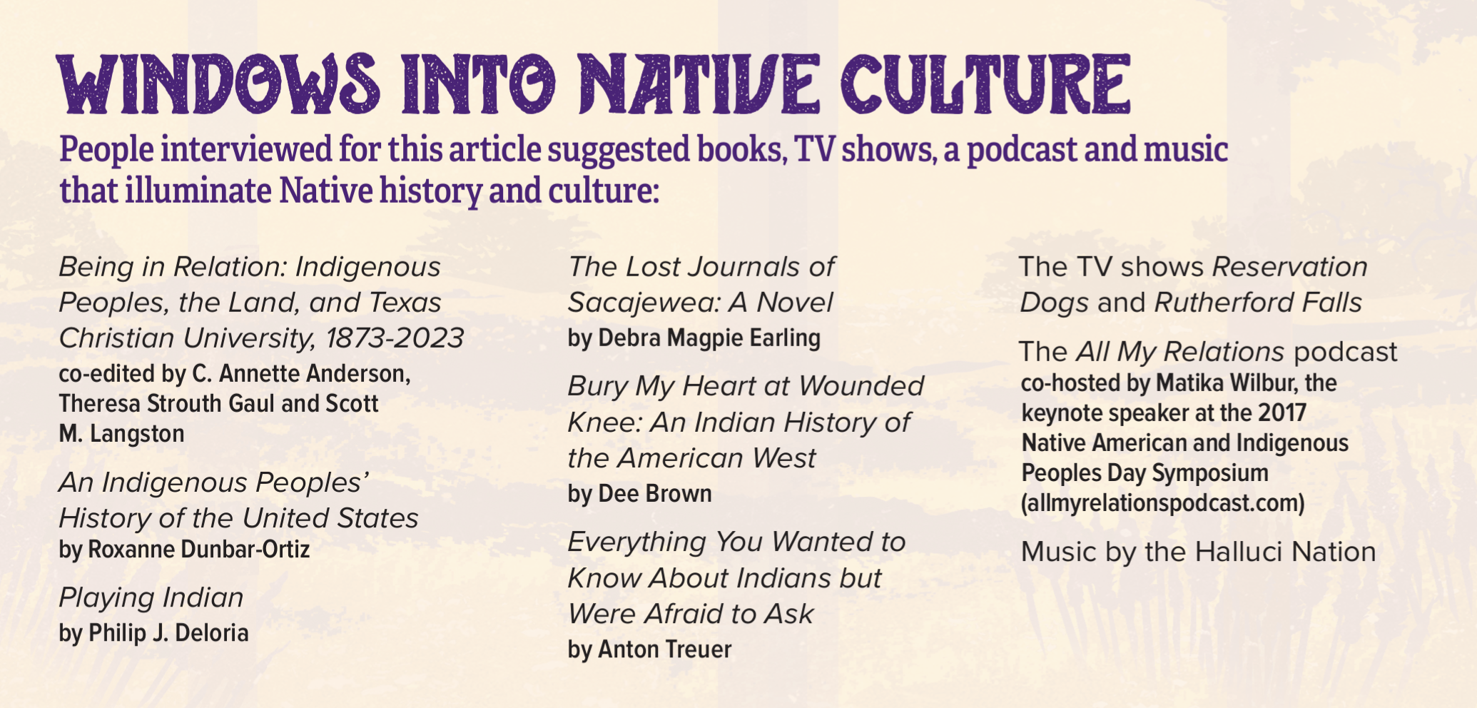Sidebar titled "Windows into Native Culture" on a tan background, listing books, TV shows, a podcast, and music that highlight Native history and culture.