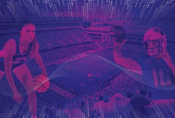 Photo illustration of TCU student-athletes Donovyn Hunter and Josh Hoover in action poses, their cutout images set against a purple-filtered photo of Amon G. Carter Stadium. Futuristic design elements taper around the edges and through parts of the middle.