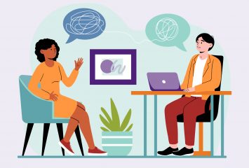 A cartoon-style illustration shows two people talking in an office, with speech bubbles above them and a potted plant nearby.