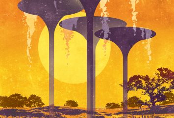 Illustration of a semi-transparent purple Frog Fountain set in a prairie landscape with trees, an orange sky and a large golden sun.