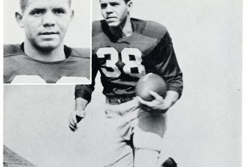Two black-and-white photos of TCU alumnus Arvid Ray "Buddy" Dike. The larger image shows Dike wearing a football uniform with number 38, carrying a football while running on the field. In the upper-left corner is an inset portrait of Dike from the chest up, looking straight at the camera.