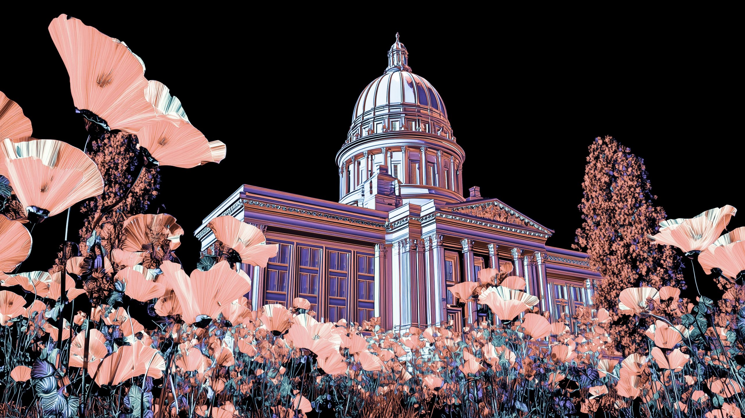 Pale pink, light green and purplish blue poppies stand out against a jet-black night sky, with a purplish orange building in the background — a nighttime landscape representing an iconic Kansas landmark.