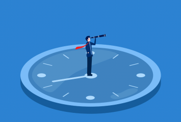 Cartoon-style illustration of a person in business attire with a red tie standing on a wall clock, holding a monocular to their eye and looking to the right.