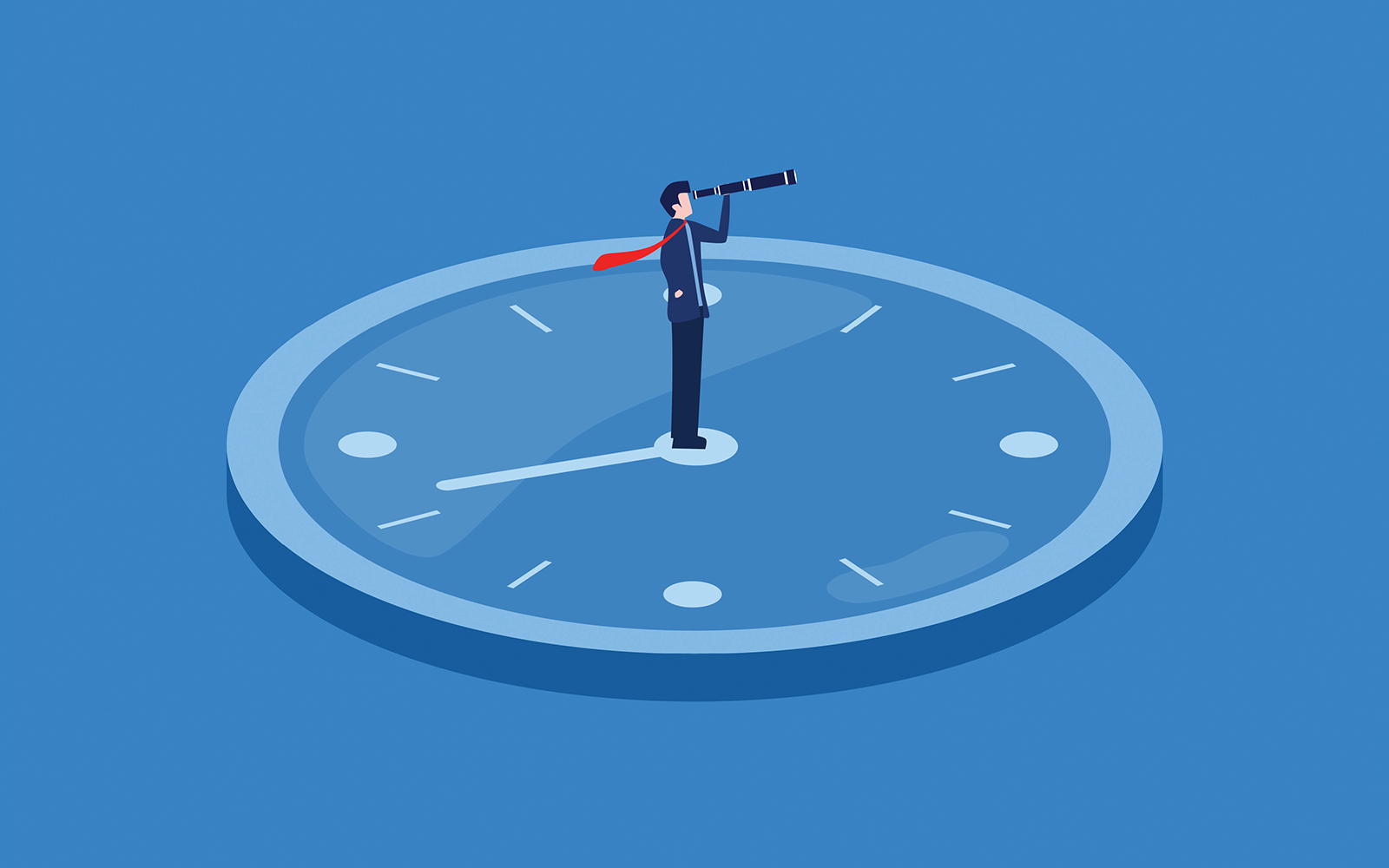 Cartoon-style illustration of a person in business attire with a red tie standing on a wall clock, holding a monocular to their eye and looking to the right.