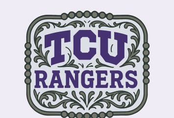 An illustrated silver belt buckle with the purple text “TCU Rangers” on a light purple background.