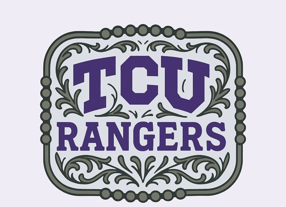 An illustrated silver belt buckle with the purple text “TCU Rangers” on a light purple background.