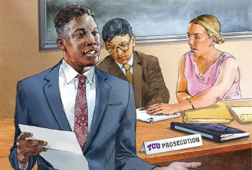 Watercolor illustration depicting three students in a mock trial setting. Two sit behind a small white desk sign labeled “TCU Prosecution.” A third student, wearing a grey-blue suit, white shirt and red tie, stands and gestures while holding papers.