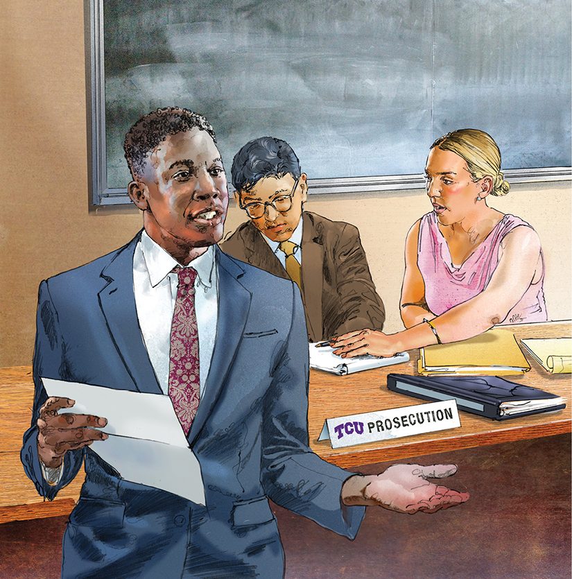 Watercolor illustration depicting three students in a mock trial setting. Two sit behind a small white desk sign labeled “TCU Prosecution.” A third student, wearing a grey-blue suit, white shirt and red tie, stands and gestures while holding papers.