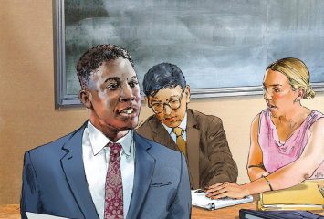 Watercolor illustration depicting three students in a mock trial setting. Two sit behind a small white desk sign labeled “TCU Prosecution.” A third student, wearing a grey-blue suit, white shirt and red tie, stands and gestures while holding papers.