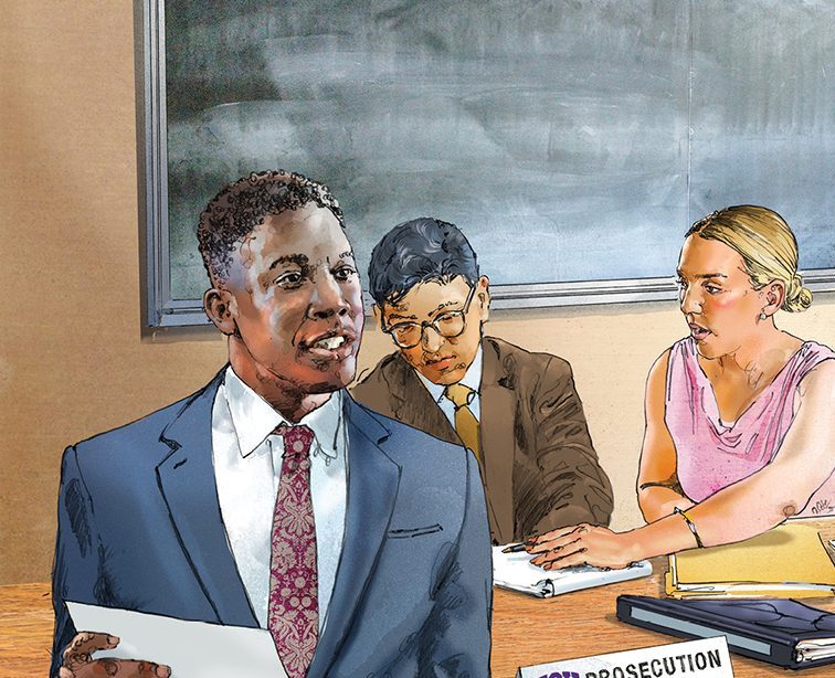 Watercolor illustration depicting three students in a mock trial setting. Two sit behind a small white desk sign labeled “TCU Prosecution.” A third student, wearing a grey-blue suit, white shirt and red tie, stands and gestures while holding papers.