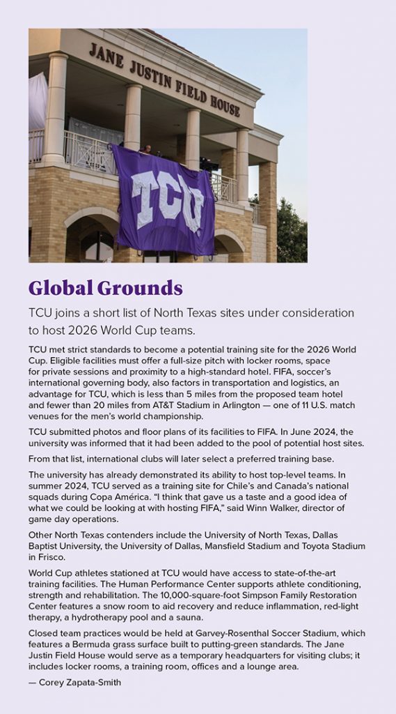 Sidebar graphic with a light purple background and purple and black text titled “Global Grounds,” explaining the selection process for 2026 FIFA World Cup team base camps and the requirements TCU met to be included as a prospective site. A photograph at the top shows a purple TCU flag with a white arched “TCU” logo hanging from a guard rail at the Jane Justin Field House.