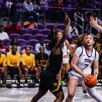 Photograph of TCU basketball player Marta Suárez driving to the basket during a December 2025 home game against Arkansas-Pine Bluff.