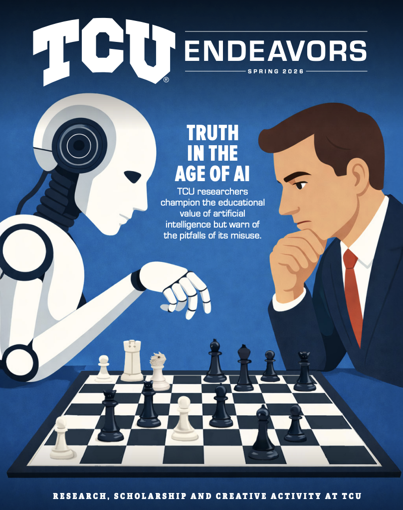Cover of TCU’s 2026 ‘Endeavors’ research magazine featuring an AI-created cartoon of a white robot and a person in a navy blazer, tie, and dress shirt playing chess.